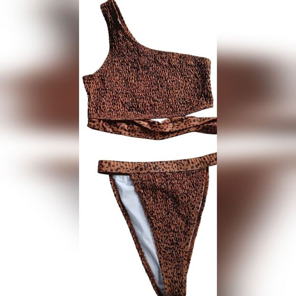 Missguided Tall High Leg Bikini Wrap Tie Style Crinkle Set Animal Print Size 6 - Picture 4 of 14